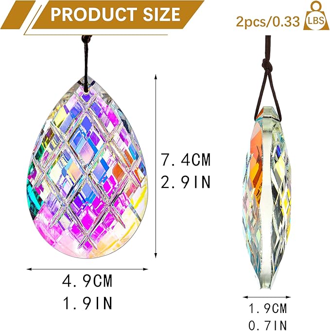 HDCRYSTALGIFTS Set 2 Crystal Sun Catcher Prisms Pendant for Window Hanging Decor,3inch AB Colored Crystal Suncatchers Rainbow Maker Light Catcher for Home Indoor Garden Ornament-VerdiqueGarden