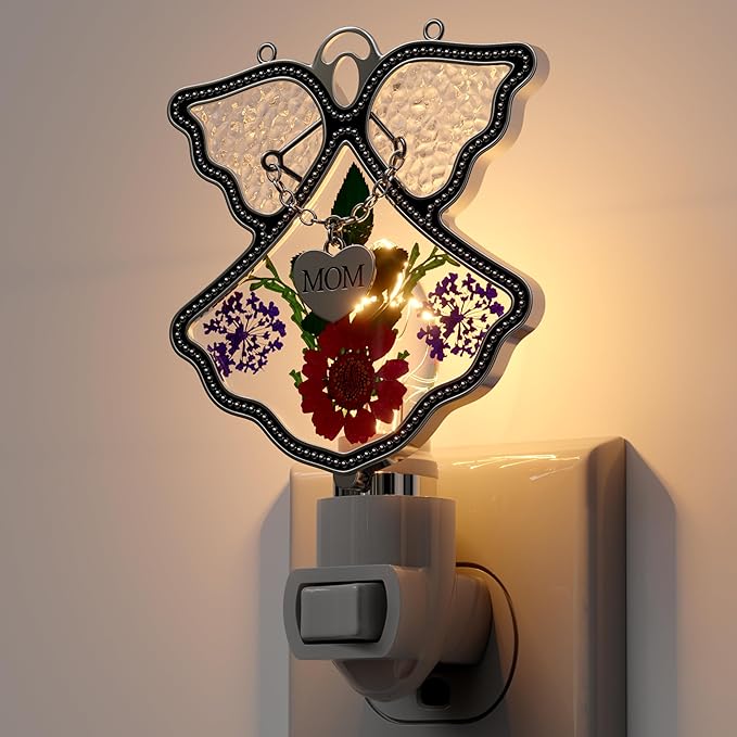 KY&BOSAM Night Light Mom Stained Glass Angel Night Lights Plug Into Wall with Real Flower in Glass and Metal Charm Night Light for Nursery Bedroom Bathroom Decorative Accent Lite Elegant Home Decor-VerdiqueGarden