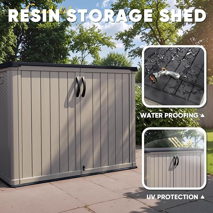 Devoko Outdoor Storage Cabinet 26 Cu Ft with Lockable Doors, Horizontal Storage Shed Waterproof Patio Tools Storage Box for Sofa Cushions, Gardening Tools and Accessories (Beige)-VerdiqueGarden