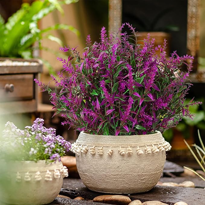 8 Pack Artificial Plants Flowers Grass Shrubs Lavender No Fade Faux Plastic Flowers Outdoor for Farmhouse Garden Porch Patio Indoor Wedding Decoration Greenery Fake Plants uv Resistant-VerdiqueGarden
