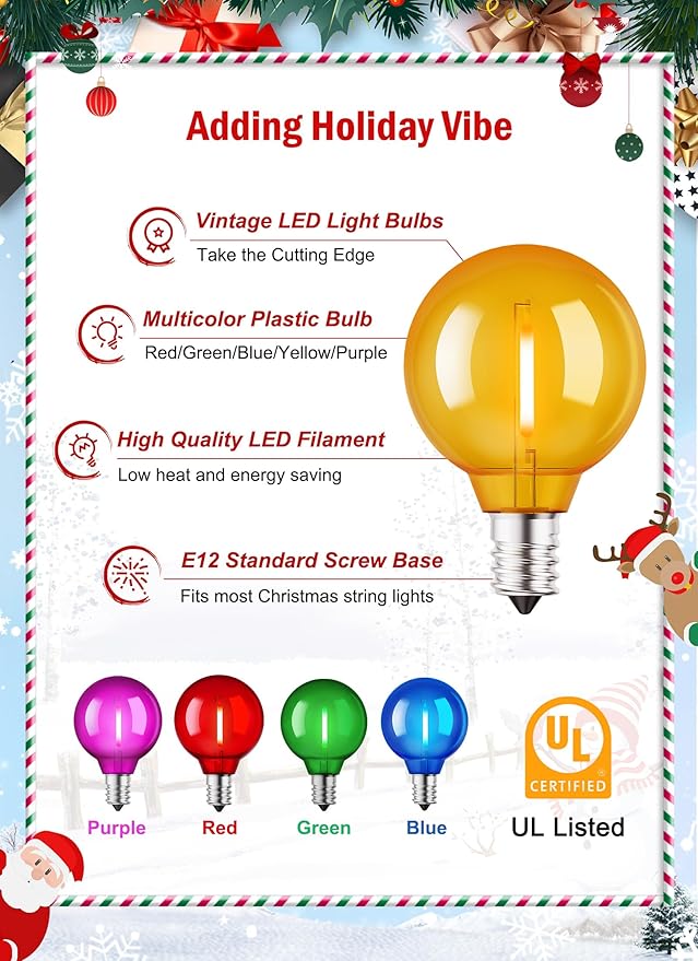 Brightown 50 Pack Multicolor G40 LED Christmas Replacement Light Bulbs, UL Listed, 1 Watt E12/C7 Candelabra Base Plastic Shatterproof LED Globe Edison Bulbs, Easily Screw in Strings Spools Strands-VerdiqueGarden