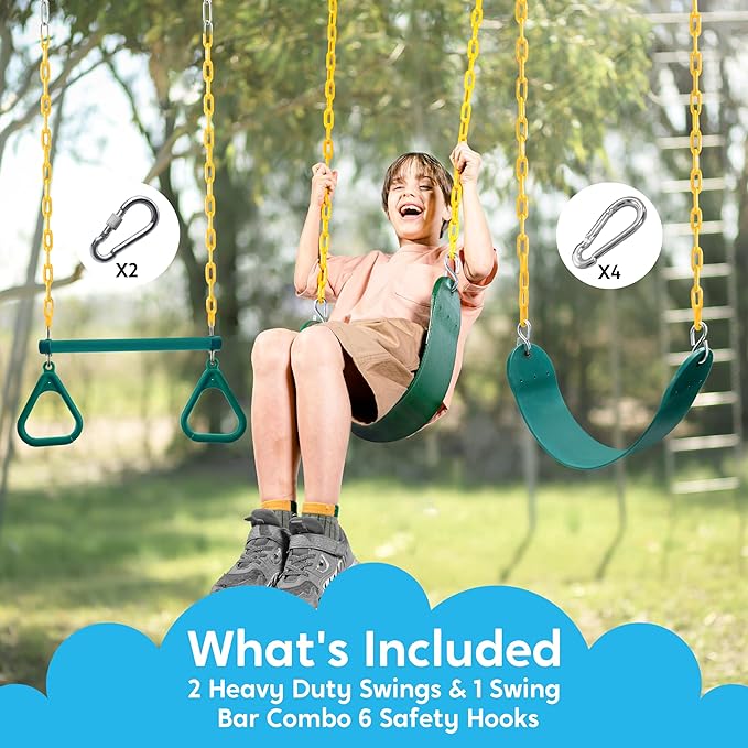 TURFEE 3 Pack Assorted Swing Set, Including 1 Gym Rings Trapeze Bar and 2 Pcs Swings with Plastic Coated Chain, Swingset Accessories Replacement for Kids Outdoor Play, Playground- Green-VerdiqueGarden