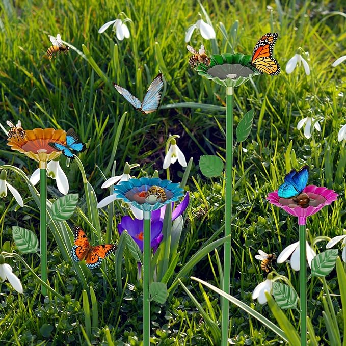 4 Pack Bee Watering Station, Bee Bath for Garden Metal Bee Water Feeder with Flower Design, Colorful Butterfly Bee Bath Bowl for Outdoor Garden Yard Decor (Red,Green,Blue,Yellow)-VerdiqueGarden