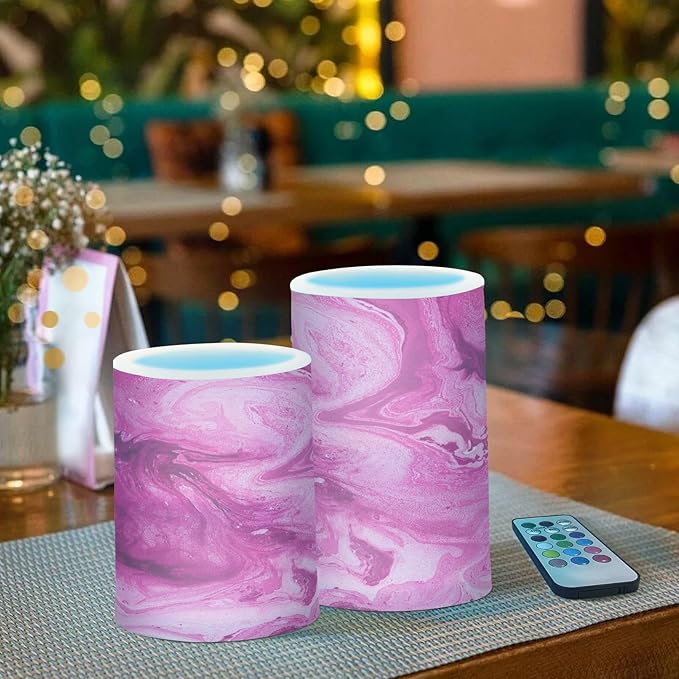 Flickering Flameless Candles, Pink Fuchsia Marble LED Candles with Remote Timer, Set of 2 Battery Operated Candle for Valentine Wedding Birthday-VerdiqueGarden