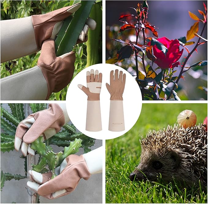 HANDLANDY Long Gardening Gloves for Men & Women, Thorn Proof Rose Pruning Gloves Leather Gauntlets Garden Glove Yard Work Glove (Large, Brown)-VerdiqueGarden