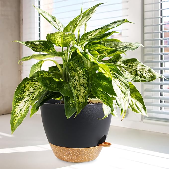 10/9/8 inch Medium Self Watering Pots, Planter, Plant Pots with Mesh Drainage Holes for Indoor Outdoor Garden Plants, Plastic Flower Pots with Removable Deep Reservoir, Black with Brown-VerdiqueGarden