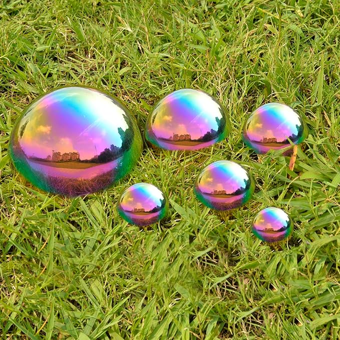 Nerien Gazing Ball, Stainless Steel Garden Mirror Globe, Polished Ornament Sphere, Hollow Floating Reflective Hemisphere, for Home Outdoor Pond Housewarming Swimming Pool Decoration, Gold, 6Pcs Mix-VerdiqueGarden