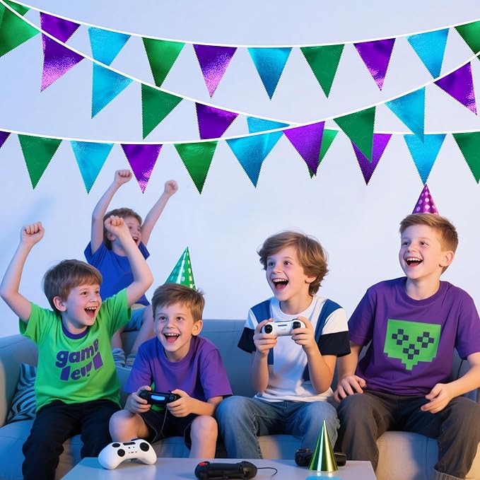 Blue Green Purple Party Decorations Metallic Fabric Triangle Pennant Banner Flag Bunting for Men Boys Video Game Theme Birthday Graduations Retirement Wedding Bachelor Baby Shower Party Supplies-VerdiqueGarden