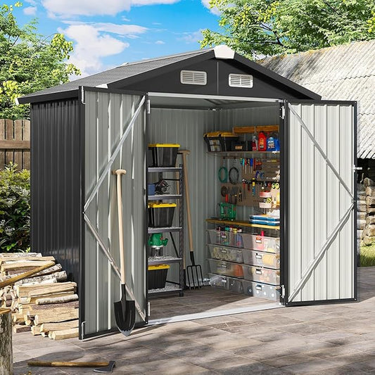 Aoxun 6.2x4 FT Shed Outdoor Galvanized Storage Shed with Large Lockable Doors for Lawn, Backyard, Patio (Black)-VerdiqueGarden