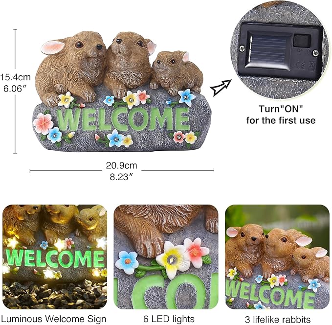 Solar Rabbits with Welcome Sign - Outdoor Bunny Decor with Solar LED Lights - Rabbit Garden Decor & Outdoor Light-Up Gifts for Women, Moms or Birthdays-VerdiqueGarden
