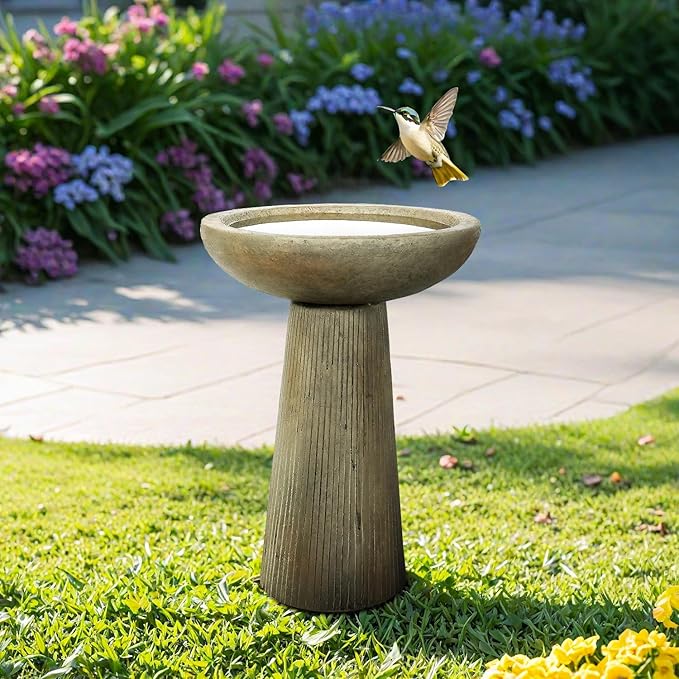 SunJet 24.4inches Tall Fiber-Reinforced Concrete Bird Bath - Modern Minimalist Style Outdoor Birdbaths & Feeder Combo for Outdoors Patio Garden Yard Lawn Decor-VerdiqueGarden