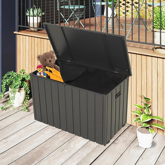 Domi Outdoor Storage Deck Box 100 Gallon, Outdoor Deck Box with Waterproof Storage Bag for Outside Cushions, Garden Tools and Pools Equipment, Gray-VerdiqueGarden