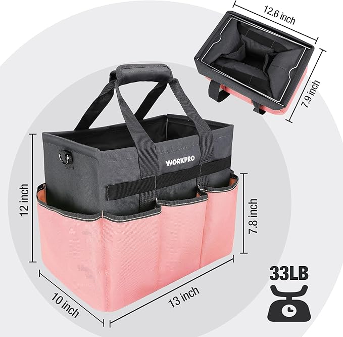 WORKPRO Garden Tool Bag, Heavy Duty Gardening Tote Bag Organizer with 10 Pockets and Long Adjustable Shoulder Strap, Standable Garden Home Tool Kits Organizer, Pink-VerdiqueGarden