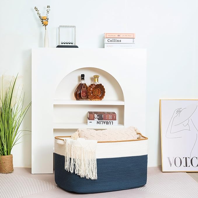 MINTWOOD Design 22in Extra Large Blanket Basket Holder Living Room, Rectangle Rope Woven Storage Basket with Handles for Laundry, Pool Towels, and Shoes, Dog Toy Organizer Bin Box, Prussian Blue-VerdiqueGarden