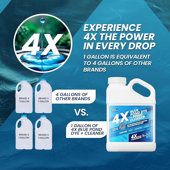 1 Gallon 4X Blue Pond Dye + Pond Cleaner, Blue Dye for Ponds and Lakes, 2-in-1 Lake Colorant + Enzymes, Makes Murky Water Clean & Beautiful, Keeps The Water Cool, Clear, and Ideal for Fish & Wildlife-VerdiqueGarden