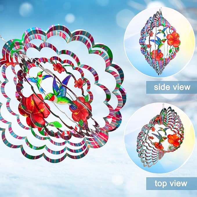 Hummingbird Wind Spinner - Hummingbird Gift for Women Men, Metal Wind Spinners for Outdoor & Indoor Decoration 12in 3D Hanging Bird Wind Catcher Unique Garden Decor Kinetic Yard Art Ornament-VerdiqueGarden