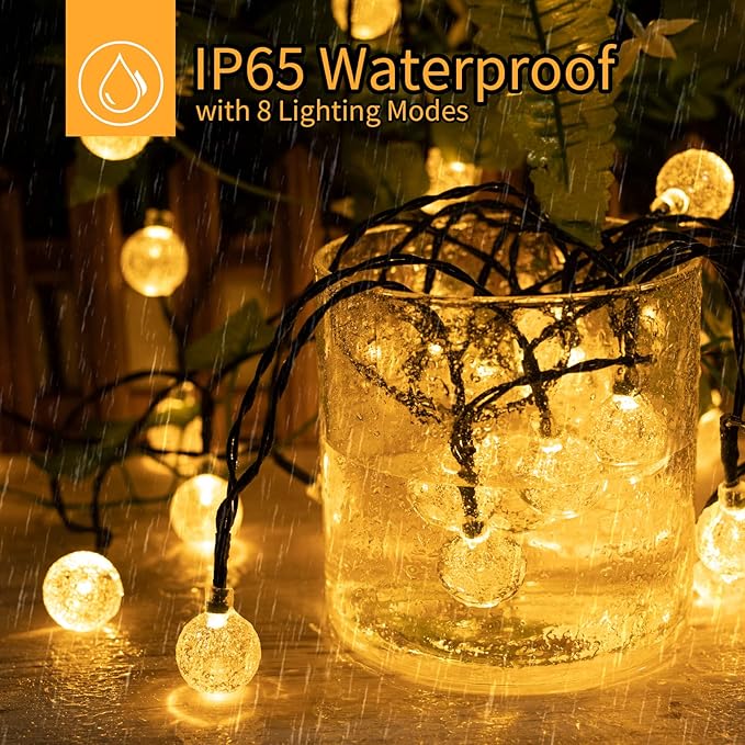 Solar String Lights Outdoor Waterproof, 2 Pack 60 LED 36.5 FT Each, Crystal Globe Lights with 8 Lighting Modes, Solar Powered Patio Lights for Garden Yard Porch Wedding Party Decor (Warm White)-VerdiqueGarden