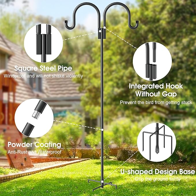 Highpro Double Shepherd Hooks for Outdoor, 95 Inch Heavy Duty Bird Feeder Pole for Hanging Bird Feeder, Garden Hooks Plant Baskets, Garden Plant Hanger Stands with 5 Prong Base-VerdiqueGarden