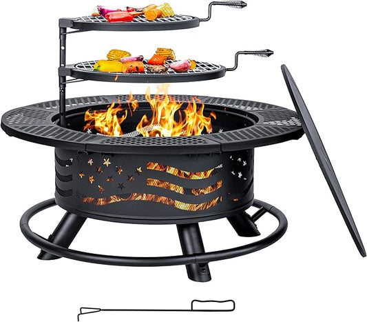 36 Inch Fire Pit with 2 Cooking Grates, Outdoor Wood Burning BBQ Grill Firepit Bowl with Cover Lid, Steel Round Table for Backyard Bonfire Patio Picnic (Black, 36IN)-VerdiqueGarden