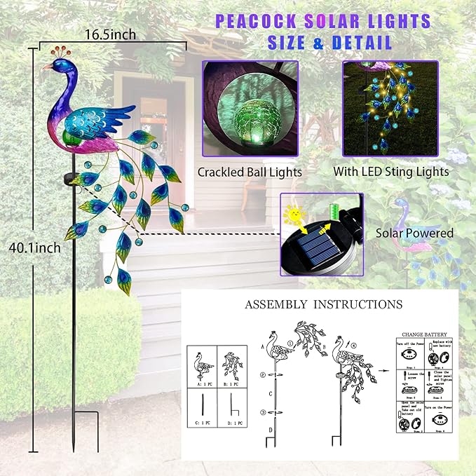 DREAMSOUL Peacock Solar Garden Lights Outdoor Decorative Stake, Waterproof Metal Peacock Garden Decor Solar Powered Landscape LED Path Lights Walkway Patio Decoration Lawn Ornament Christmas Gifts-VerdiqueGarden