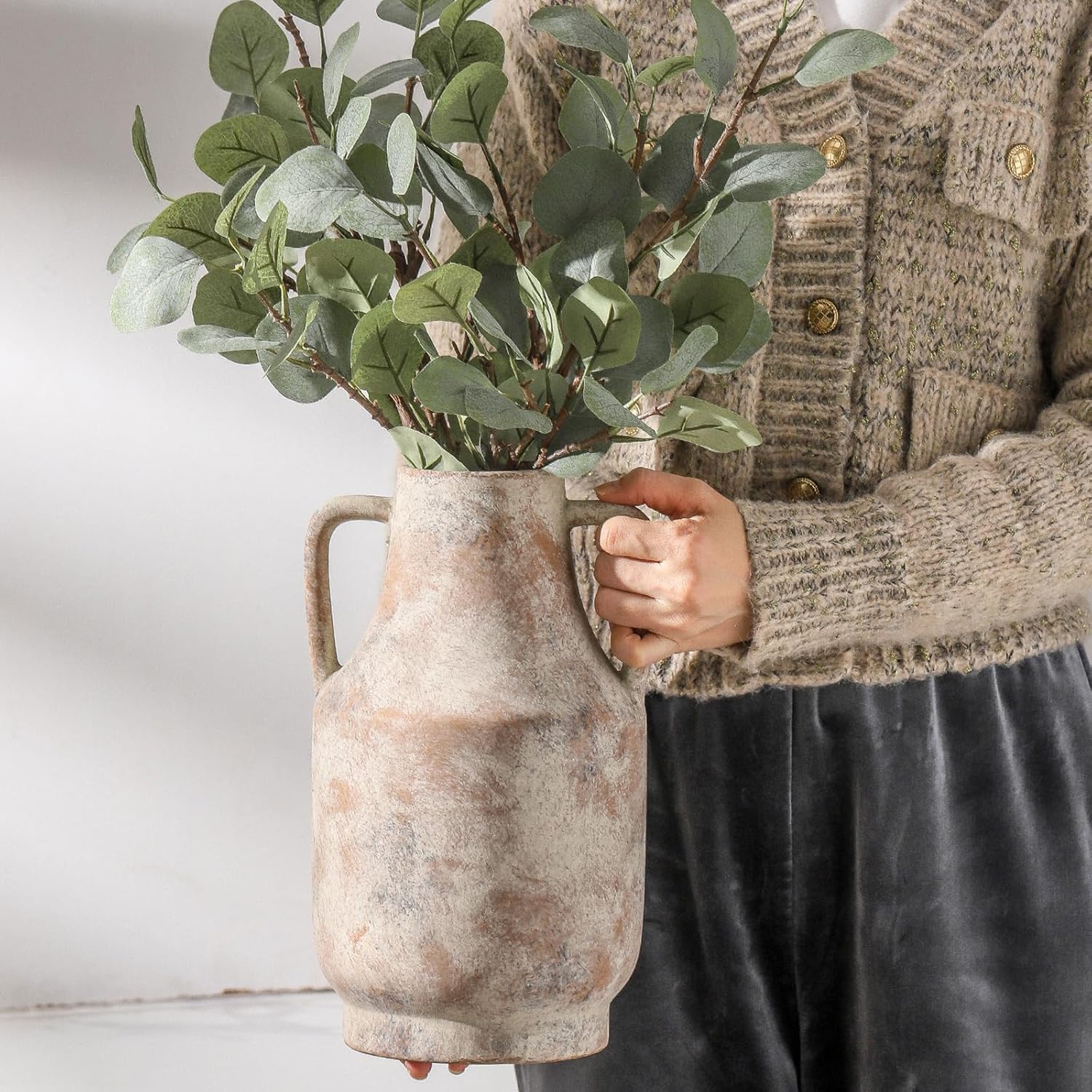 Mitt&Ditt Ceramic Flower Vase with Handles, 11 inch Tall Vase for Centerpieces, Large Decorative Terracotta Vases, Farmhouse Rustic Vases for Home Decor, Living Room, Table, Neutral-VerdiqueGarden