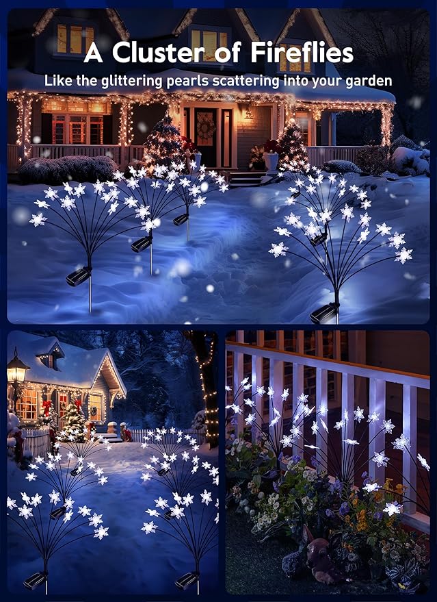 Brightown Christmas Pathway Lights - 4 Pack 48 LED Snowflake Outdoor Lights With 2 Modes, Waterproof Solar Firefly Decoration for Yard, Cool White-VerdiqueGarden