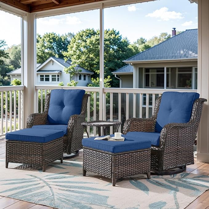 5 Pieces Patio Furniture Sets Wicker Outdoor Furniture, Rattan Patio Swivel Glider Chairs with 2 Ottoman and Glass Side Table-VerdiqueGarden