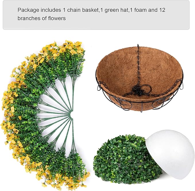 Artificial Fake Fall Hanging Mums Plants Flowers Basket for Outdoor, Autumn Faux Silk Yellow Daisy in Hang Planter Look Real UV Resistant for Porch Home Patio Balcony Yard Decor-VerdiqueGarden