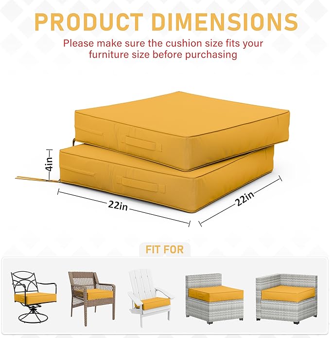 Patio Chair Cushions 22 X 22 X 4 Inch Waterproof Outdoor Seat Cushions for Patio Furniture, Outdoor Sofa Couch Pads with Ties & Handle, Set of 2, Yellow-VerdiqueGarden