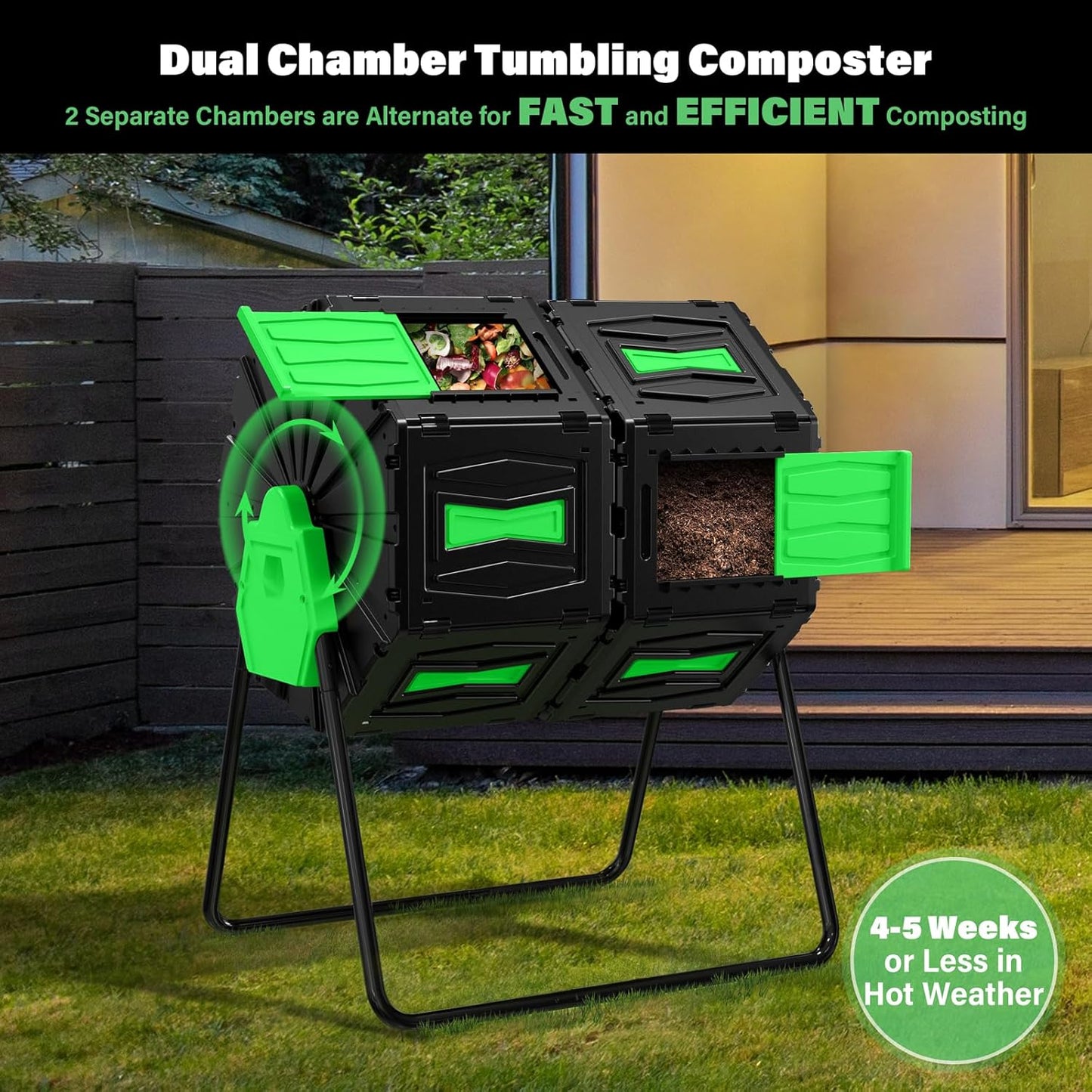 Compost Tumbler, Easy Assemble & Efficient Outdoor Compost Bin, 45 Gallon/170 Liter Large Dual Chamber Rotating Composter for Garden, Kitchen, and Yard Waste, Green Door-VerdiqueGarden