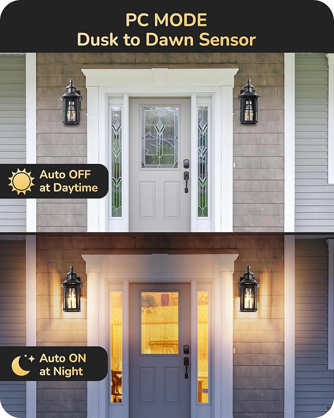 EDISHINE Motion Sensor Outdoor Wall Light, Dusk to Dawn Front Porch Light Fixture, Outdoor Wall Sconce with Clear Glass, Black Exterior Wall Lantern for Door, Garage, Patio, House-VerdiqueGarden