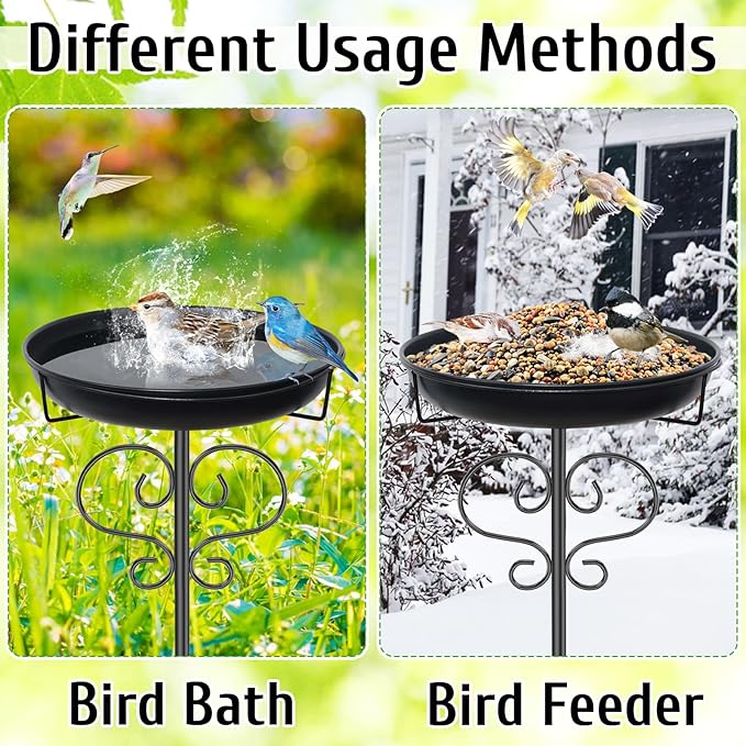 40In Bird Baths for Outdoors, Metal Birdbath Birdfeeder with Heavy Duty 5 Prong Stake, Vintage Detachable Bird Bath Water Feeder Bowl for Garden Yard Lawn Decor Black-VerdiqueGarden
