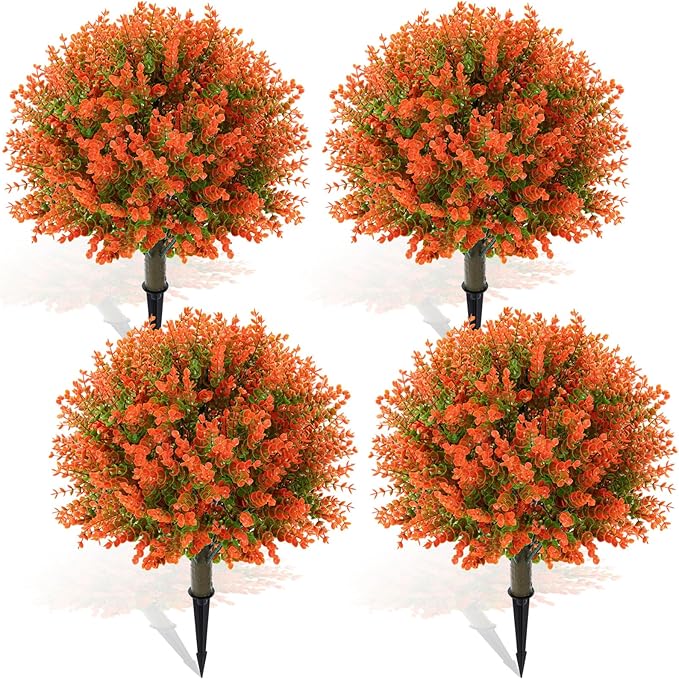 Yunlly 4 Pcs 18 Inch Fall Artificial Boxwood Ball Topiary Tree Outdoor Plants Bush, UV Resistance Faux Shrub with Spike Fall Porch Decor for Indoor Garden Yard Porch Patio Decor (Orange)-VerdiqueGarden