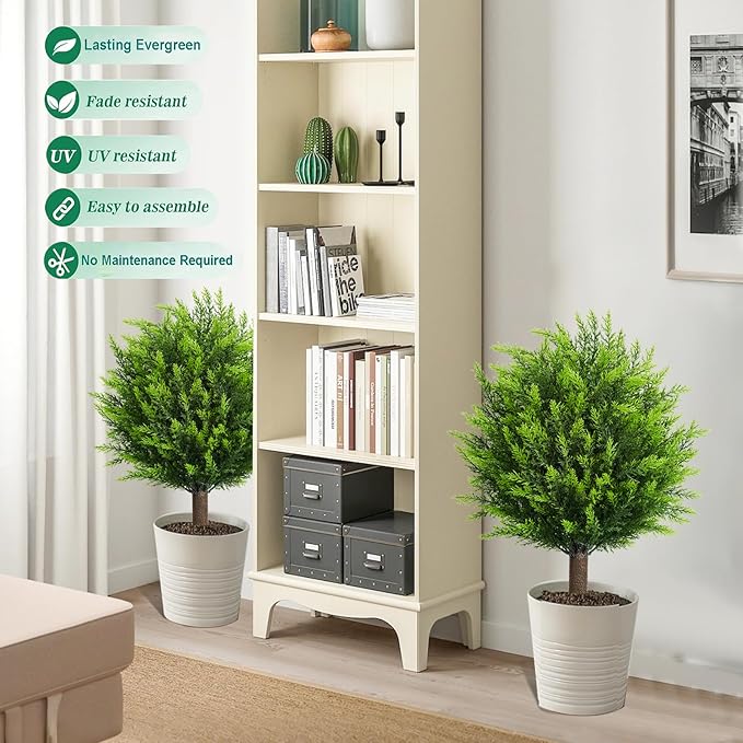 26.5" Artificial Cedar Topiary Ball Trees, Set of 2 UV Resistant Fake Evergreen Trees Shrubs Bushes Artificial Plants with Ground Spike Faux Cypress Plants for Indoor Outdoor Front Porch Garden-VerdiqueGarden