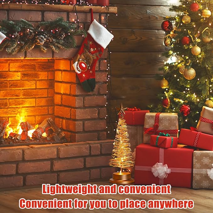 Christmas Tree Lamp, Spiral Christmas Tree with Glittering Star, AA Battery Operated Gold Christmas Tree Light with Metal Stand for Christmas Table Decoration（Batteries not Included）-VerdiqueGarden