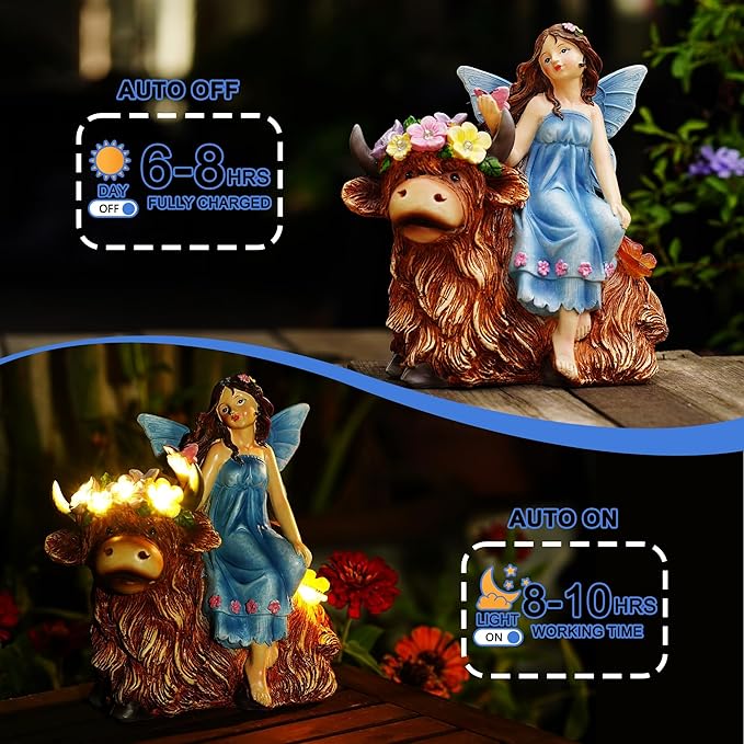 Solar Angel Garden Statue - Garden Fairy Sitting on a Highland Cow with Flowers, Butterflies and 5 LED Lights - Decorate Table, Terrace, Lawn, Birthdays, Grandma, mom-VerdiqueGarden