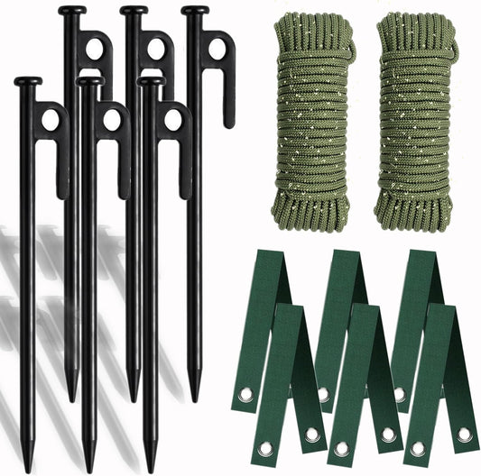 Tree Stakes Kits, Tree Stakes and Supports Kits for Hurricane Protection & Bad Weather, Include 6 PCS 11.8" Heavy Duty Steel Tree Stake, 6 PCS 15.8" Tree Straps and 100 FT Rope-VerdiqueGarden
