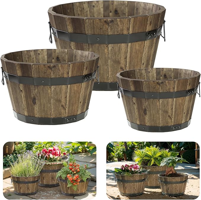 IDZO Set of 3 Wooden Flower Planters for Outdoor Plants, Acacia Wood Barrel Planters, Ergonomic Handles, Drainage Holes, Various Sizes, Walnut-VerdiqueGarden