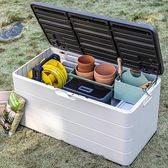 Premium Pro Edition 100 Gallon Lockable Resin Deck Box, Waterproof & UV-Resistant Outdoor Storage Box for Outdoor Cushion Storage, Garden Tools & Pool Accessories Storage, White-VerdiqueGarden