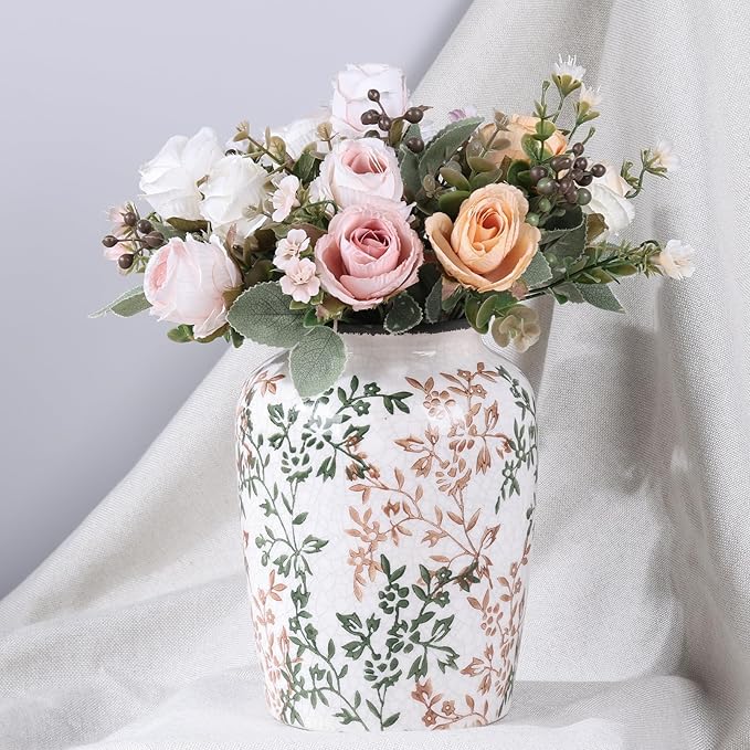 Vintage Vase for Flowers,Green Chinoiserie Ceramic Vase,Rustic Farmhouse Cracked Vases,for Flower Arrangement,Living Room, Office, Shelf, Fireplace Tables,Centerpieces,Chinoiserie Pottery Decor(D)-VerdiqueGarden