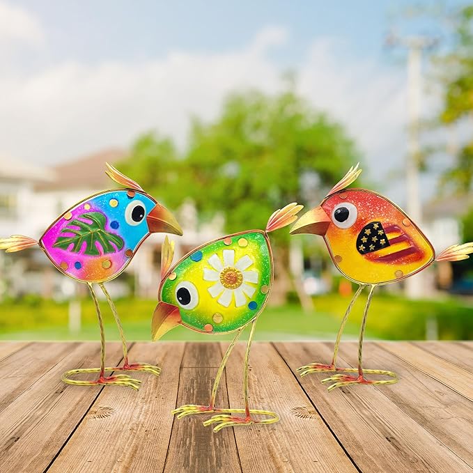 Birds Garden Decor for Outside: Metal & Glass Bird Yard Art, Craft Statue Lawn Ornaments for Outdoor, Housewarming Birthday Gifts for Women (3 PCS)-VerdiqueGarden