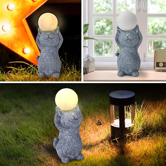 Solar Garden Decor Cat Moon Outdoor Statue and Figurine Lights, Outdoor Patio Sculpture Decor LED Light Gifts for Mom or Daughter, Garden Statues Birthday Gifts for Women Home and Yard with Solar Lamp-VerdiqueGarden