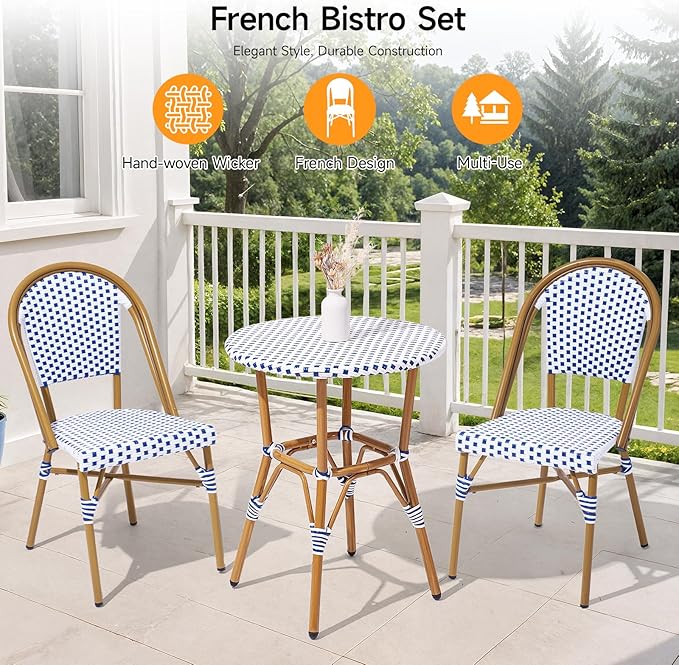 3 Piece French Wicker Bistro Set, Patio Bistro Set with Table and 2 Dining Chairs, All Weather ‎Outdoor ‎Bistro Set with Aluminum Frame, Outdoor Patio Set for Patio Porch Cafes Yard, Navy and White-VerdiqueGarden