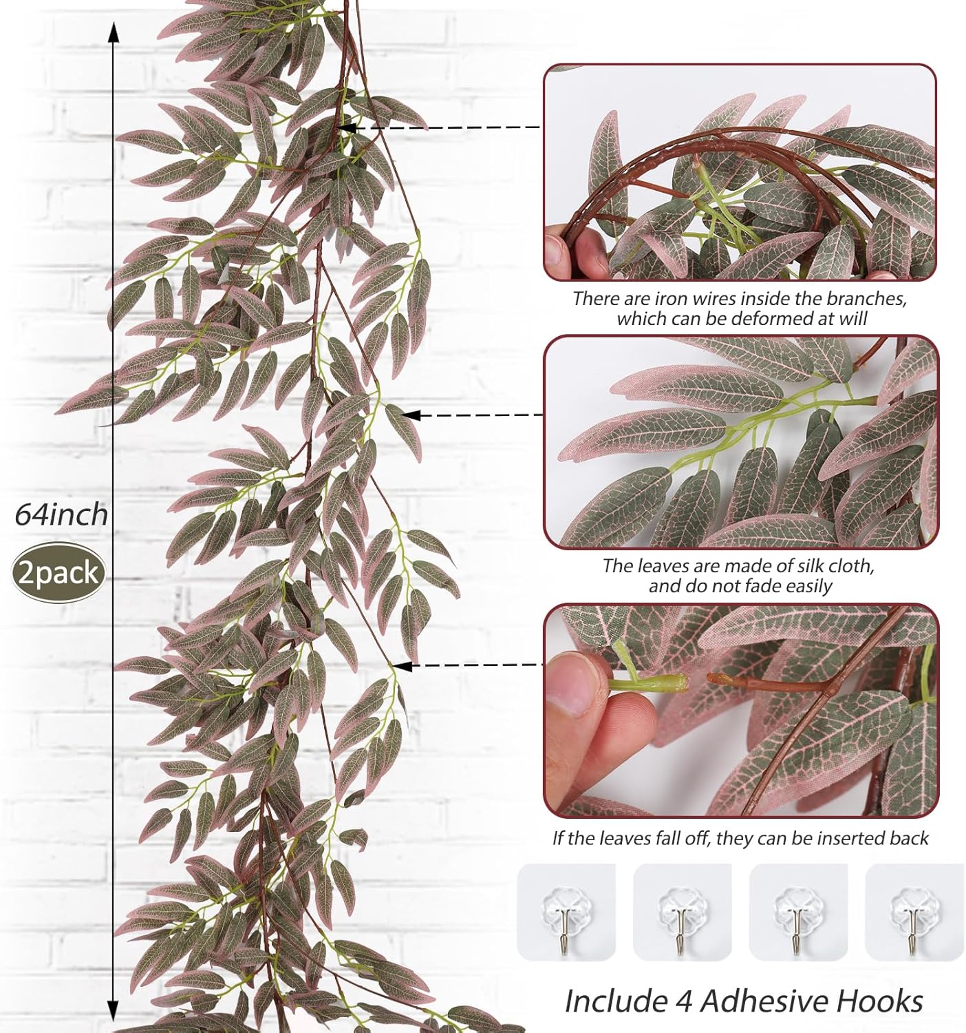 RECUTMS Artificial Hanging Willow Leaves Greenery 2Pcs 5.7Ft Fake Silk Leaves Ivy Garland Faux Vine Plants Decoration for Indoor Outdoor Home Garden Wedding Jungle Birthday Party Table Spring Decor-VerdiqueGarden