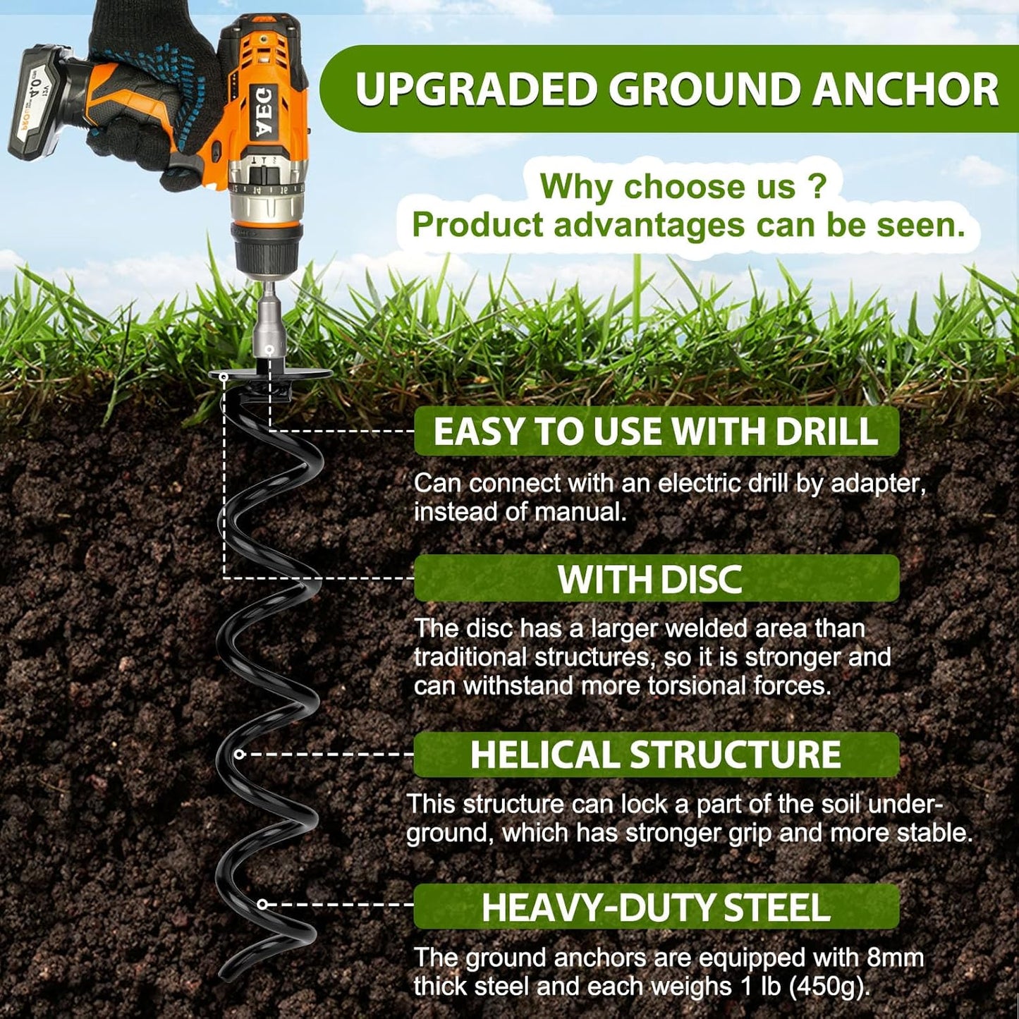 1 Pcs 15.3 Inch Ground Anchor Heavy Duty for High Winds Screw in Earth Anchor Swing Set Spiral Auger Stakes Suitable for Tent Trampoline Tree Garden Fence Sheds Swingset, Easy to Use with Drill-VerdiqueGarden