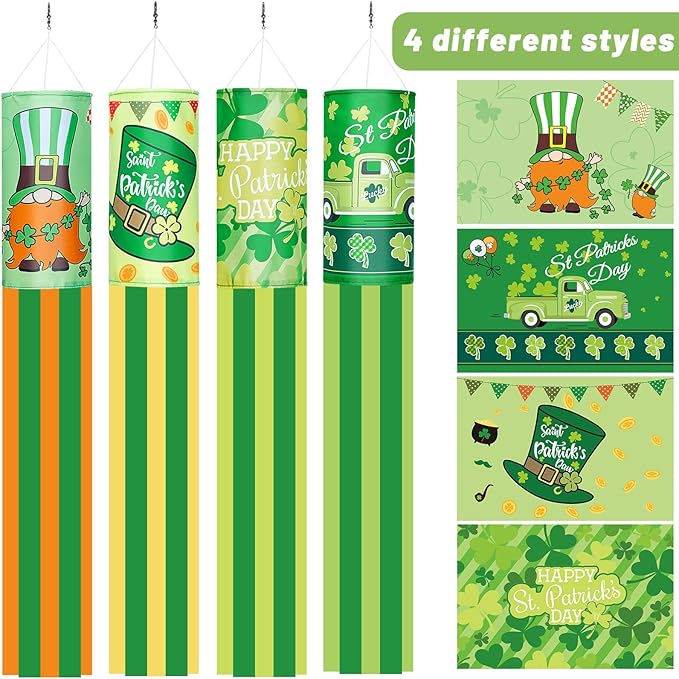 4 Pieces St. Patrick's Day Windsock Shamrock Windsock Flag Irish Green Truck Pattern Design Windsock Outdoor Hanging Decoration for St. Patrick's Day Backyard Garden Balcony Decor, 35 Inch-VerdiqueGarden