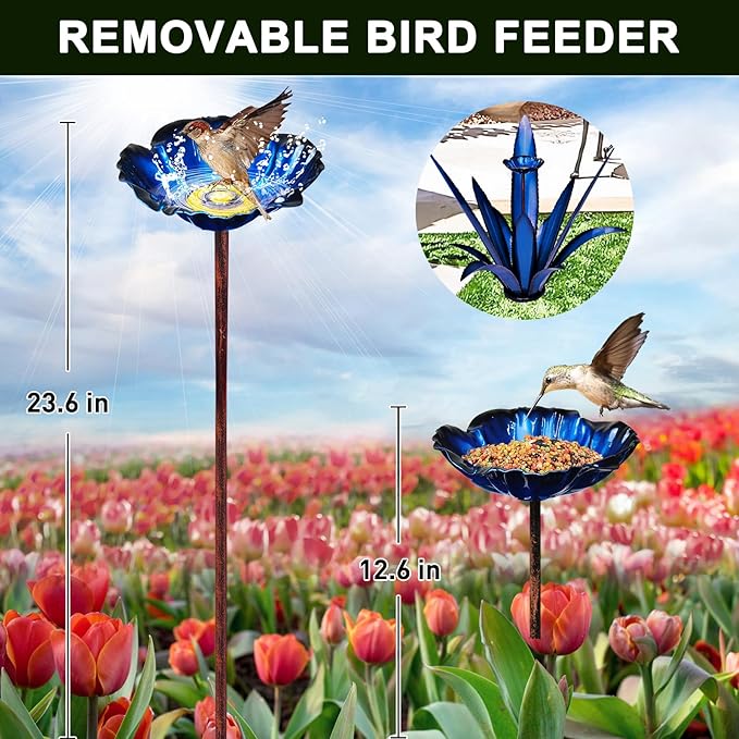 Upgraded Large Metal Yard Art, Metal Agave Plant Yard Decorations Outdoor Sculpture, Metal Flowers for Outside, Waterproof Outdoor Garden Decor (Blue+ Bird Feeder)-VerdiqueGarden