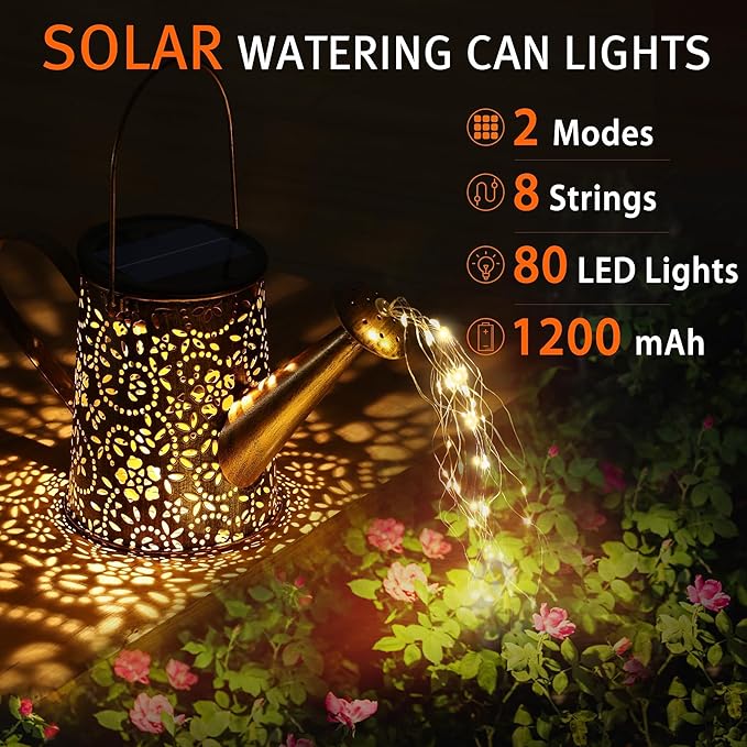 Otdair Solar Lights Outdoor Garden Decor, Metal Flower Solar Watering Can Lights with 2 Lighting Modes, Outdoor Decorations for Yard, Garden, Patio, Pathway, Christmas, Gift for Mom Grandma-VerdiqueGarden