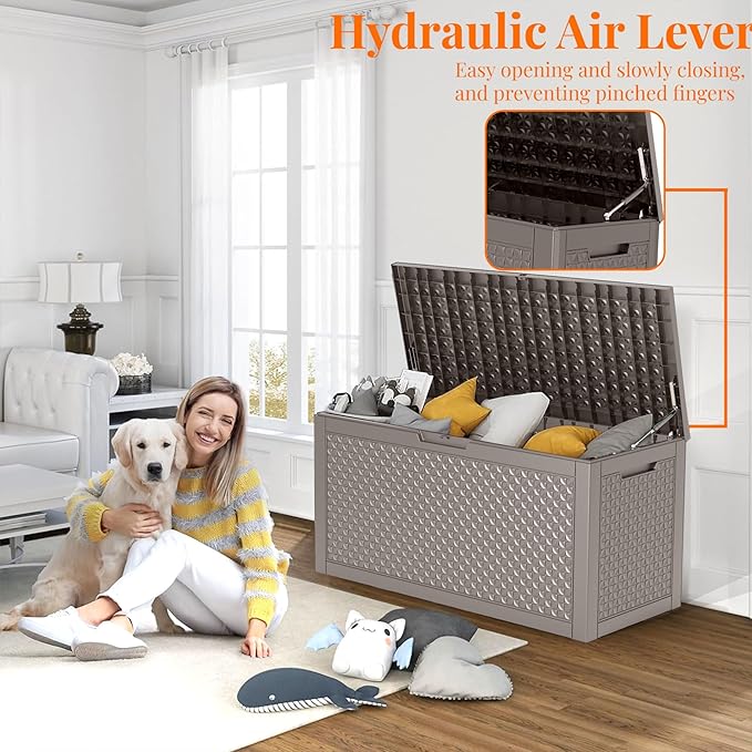 100 Gallon Outdoor Storage Box - Deck Box Waterproof Patio Furniture, Garden Tools, Cushions, Pool Accessories Outside Storage Resin Box-VerdiqueGarden