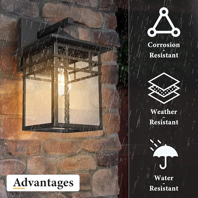 Outdoor Light Fixture Wall Mount, Black Exterior Light Fixture Wall Sconces with Seeded Glass for Front Porch, 9 Inch Large Waterproof Outdoor Square Wall Lantern Outside for House Doorway-VerdiqueGarden